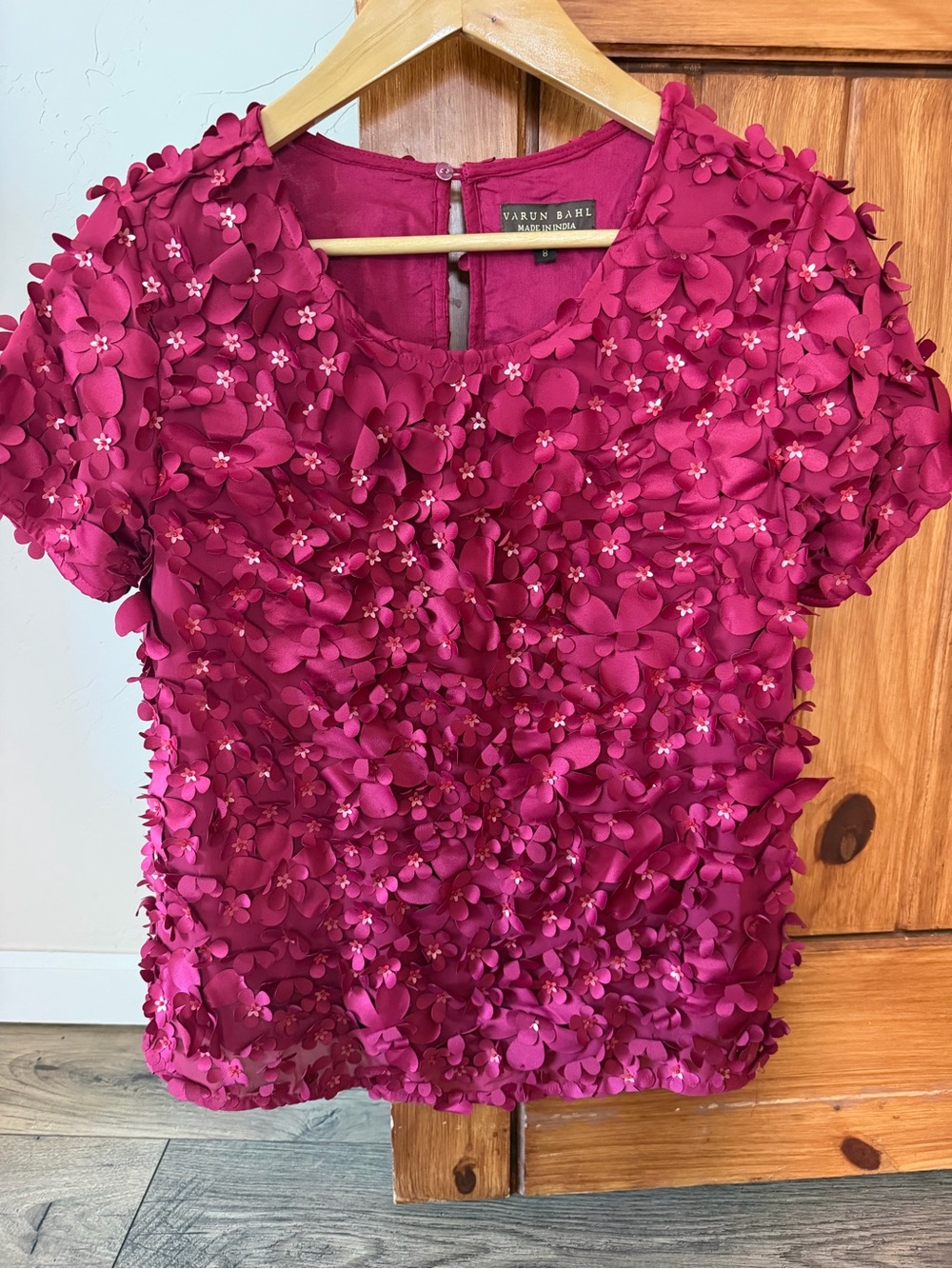 VARUN BAHL Raspberry Floral 3D Appliqué Embellished Blouse - Size 8